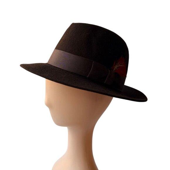 Vintage 1950s Style Mens Micro Felt Brown Wool Fedora Red Feather Accent - Picture 4 of 8